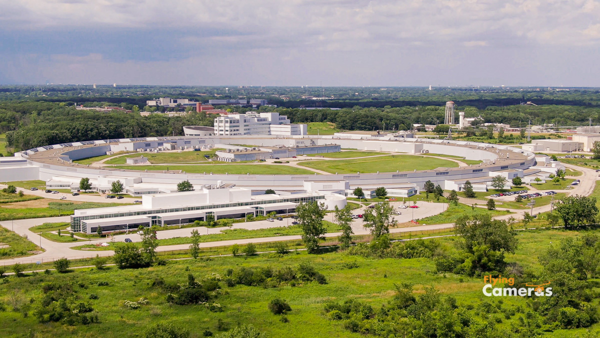 Drone aerial oblique image of Argonne labs in Darien on a sunny summer day