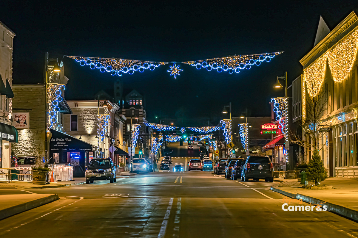 Night view of downtown Lemont decorated for the Christmas holidays