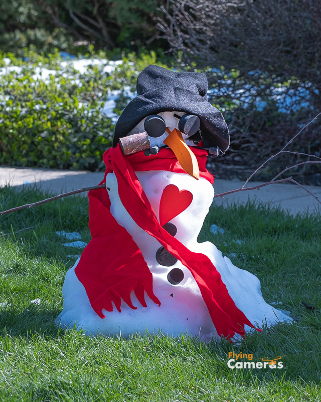 Small snowman decorated with pipe, red scarf, red heart and black silk hat in the sunlight on green grass